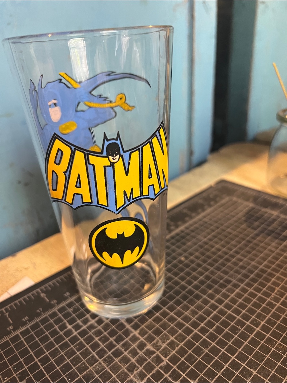 Batman Glass Pint with Yellow and Blue Logo Pepsi series 1966